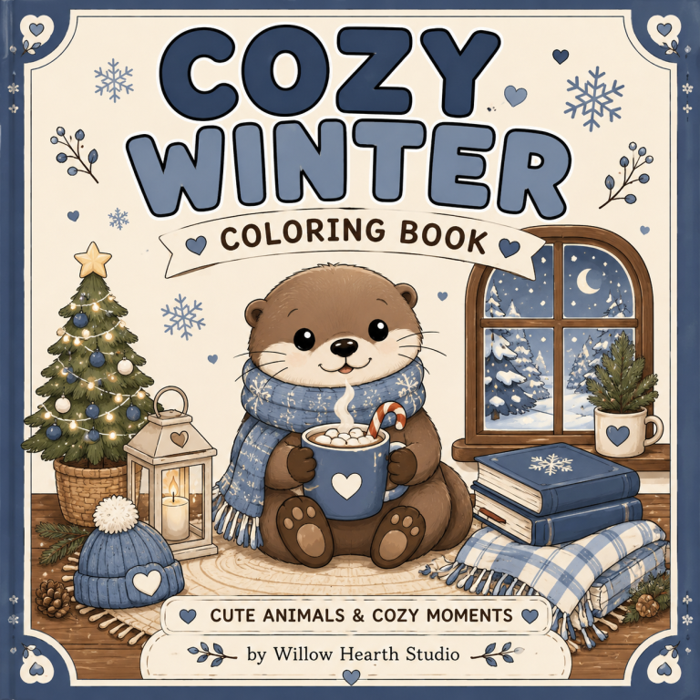 Cozy Winter Coloring Book featuring cute winter animals and relaxing coloring pages by Willow Hearth Studio.