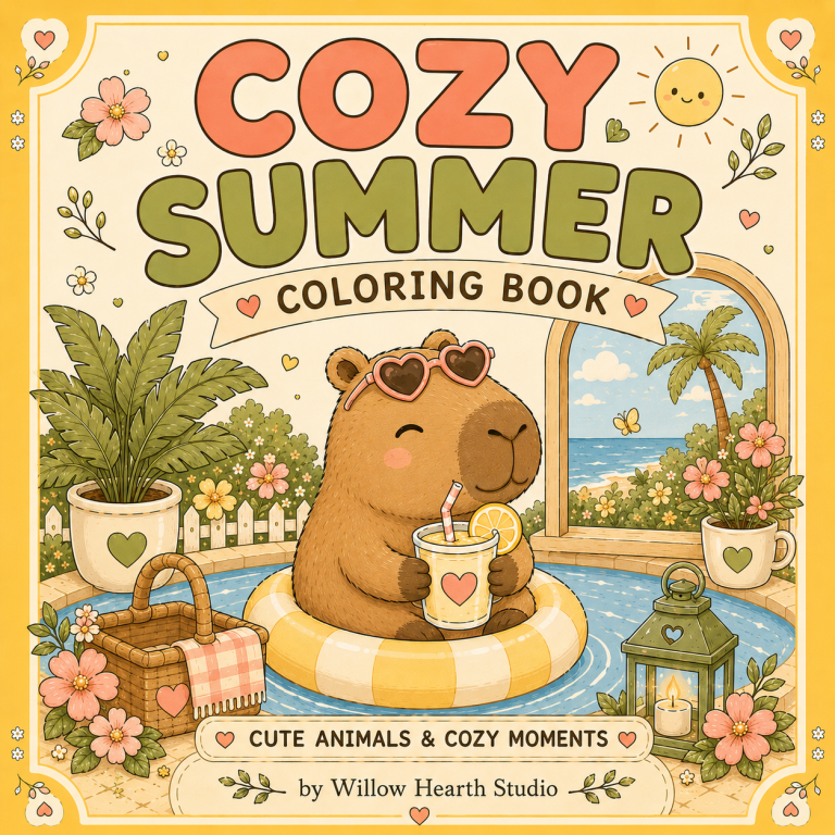 Cozy Summer Coloring Book featuring cute animals, sunny scenes and relaxing coloring pages by Willow Hearth Studio.