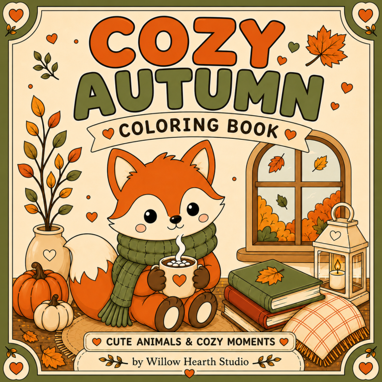 Cozy Autumn Coloring Book featuring cute woodland animals and cozy fall coloring pages by Willow Hearth Studio.