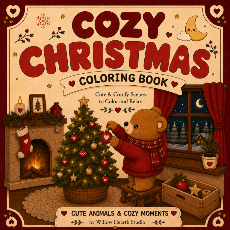 Cozy Christmas Coloring Book featuring a cute bear decorating a Christmas tree and relaxing holiday coloring pages by Willow Hearth Studio.