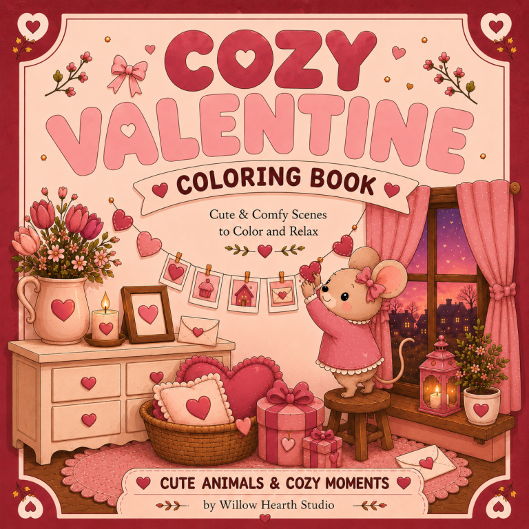 Cozy Valentine's Day Coloring Book featuring a cute mouse, hearts and relaxing Valentine's coloring pages by Willow Hearth Studio.
