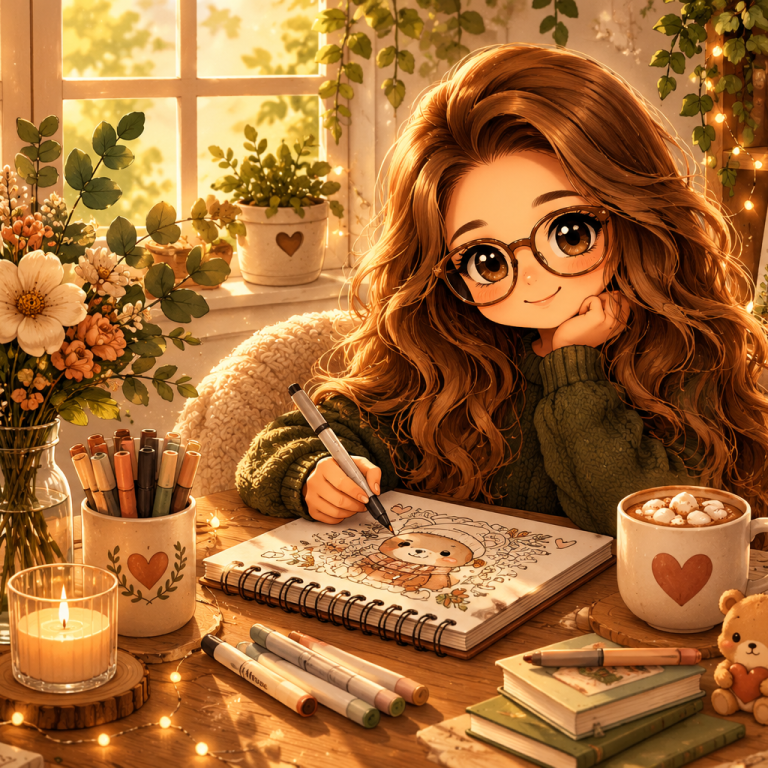 Cute chibi artist drawing cozy coloring book illustrations in a warm and creative studio at Willow Hearth Studio.