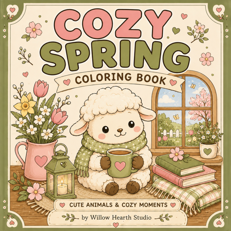 Cozy Spring Coloring Book featuring a cute lamb, flowers and relaxing coloring pages by Willow Hearth Studio.