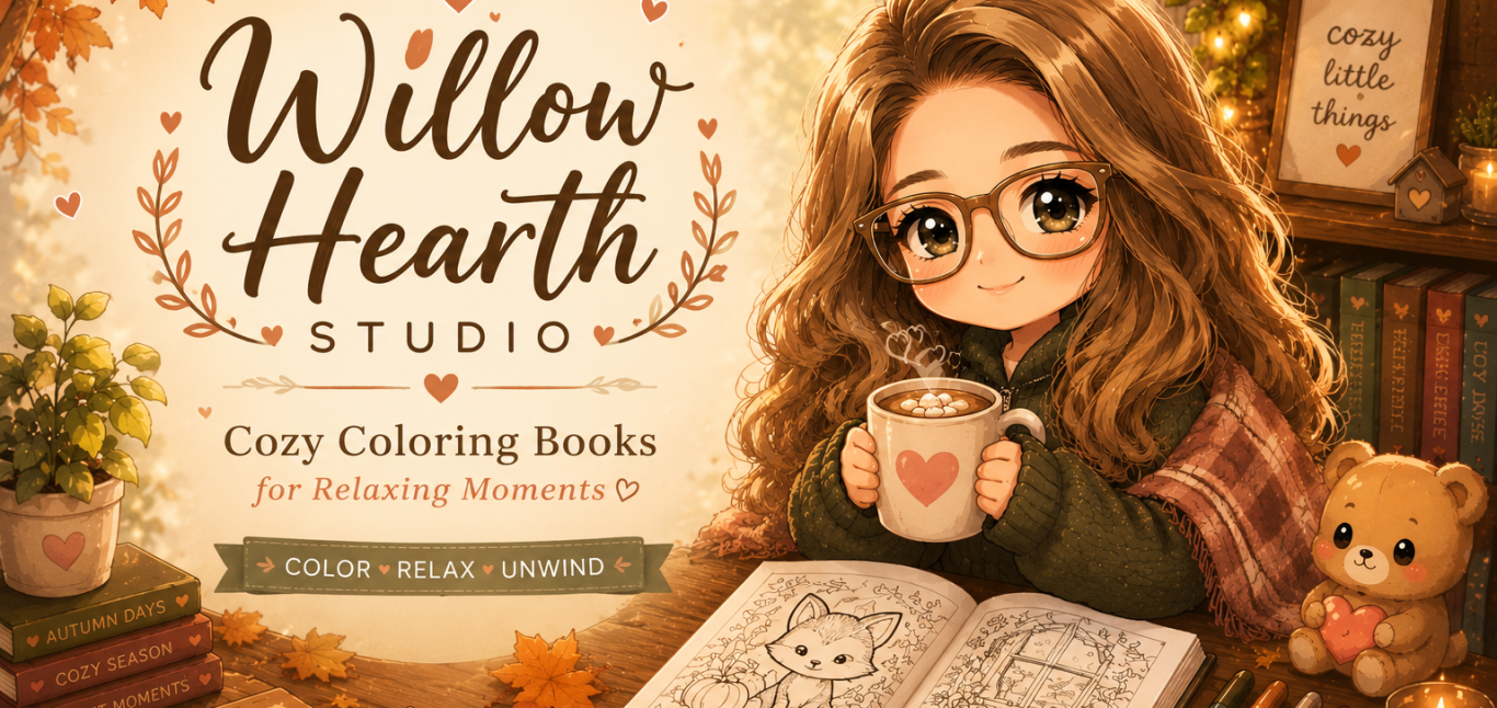 Willow Hearth Studio cozy coloring books featuring cute animal coloring pages, cozy autumn atmosphere and relaxing creative moments.