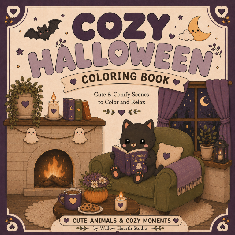 Cozy Halloween Coloring Book featuring a cute black cat, pumpkins and relaxing Halloween coloring pages by Willow Hearth Studio.